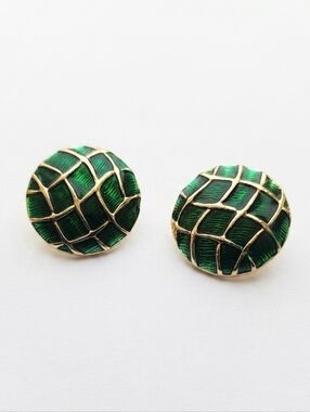 Vintage Green Enamel Dome Stud Earrings - Gold-Trim Accent Lightweight EUC